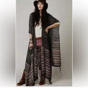 Free People Latitude 30 Wrap Poncho Shawl Rainbow Striped Fringe Boho Sweater